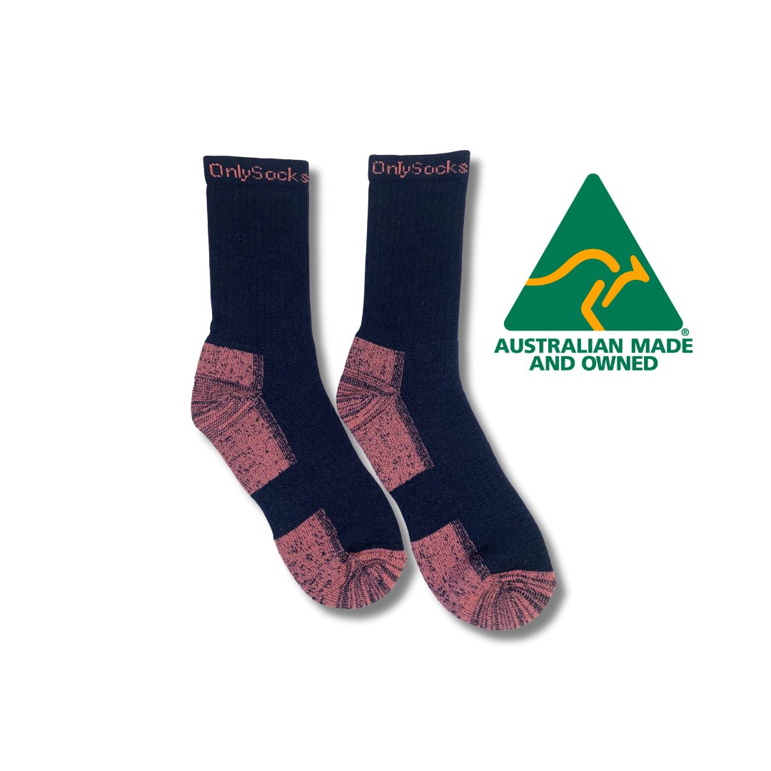 Only Socks Bamboo worksock Pink with Australian made logo side by side