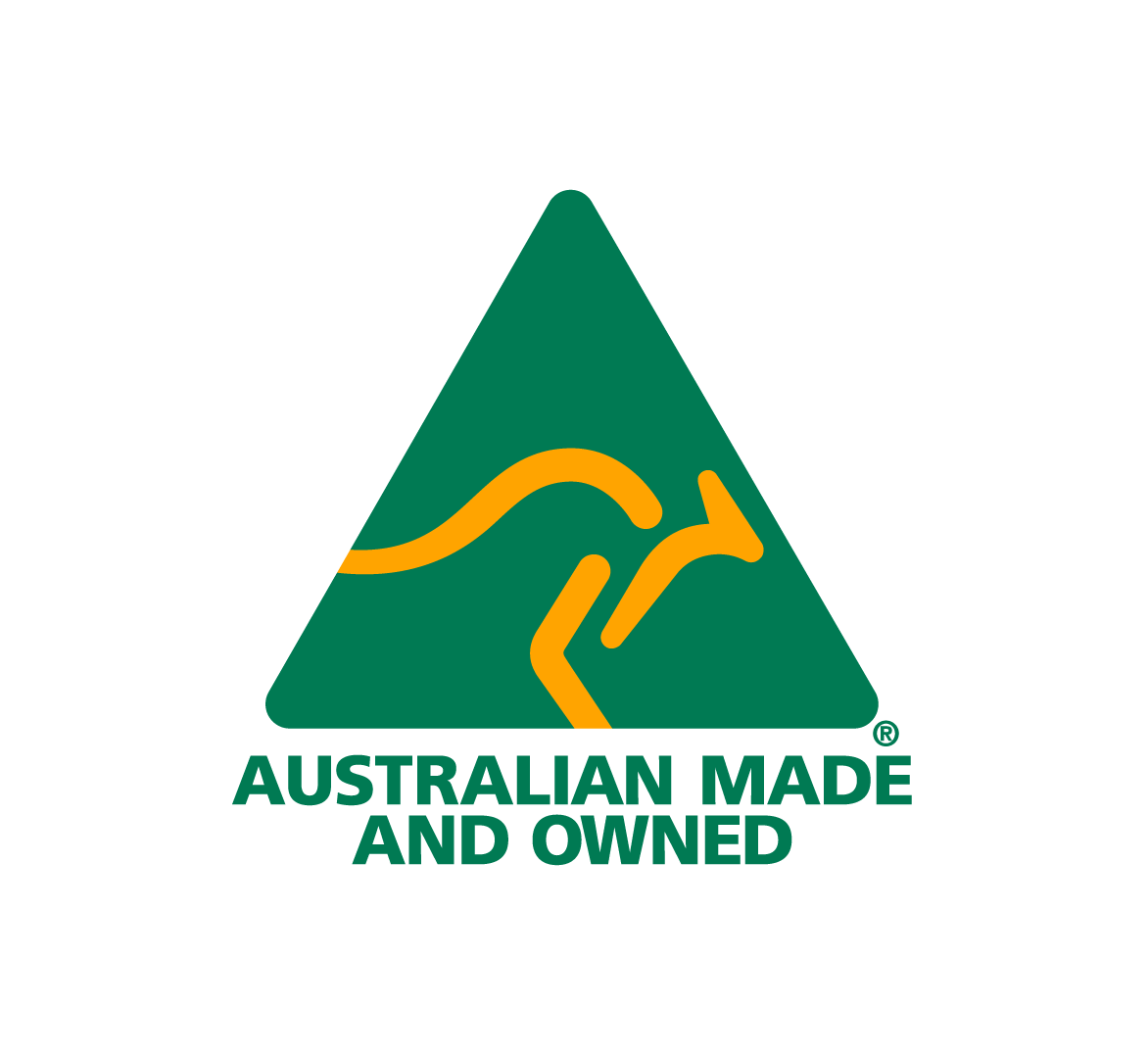 Australian Made and Owned certification logo featuring a stylized kangaroo in a green and gold triangle – symbol of authentic Australian products.