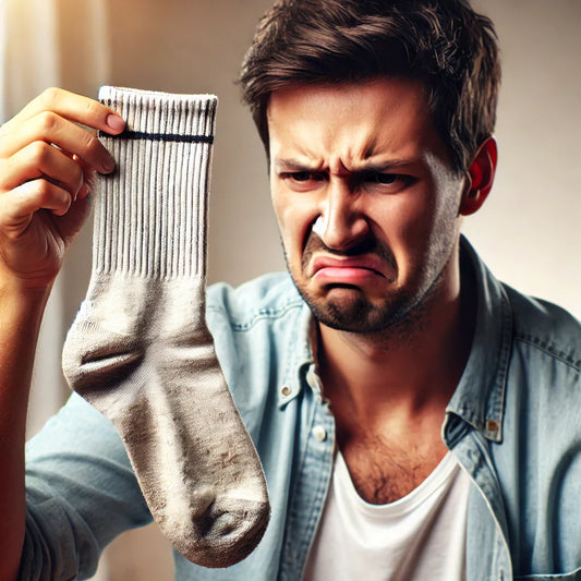 Man reacting to a Bamboo Work Sock that hasn't been washed and smells bad
