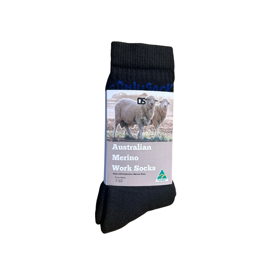 Australian Made Black Mid weight merino sock in packaging