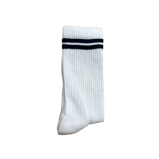 A single white ribbed crew sock with two dark black stripes near the cuff