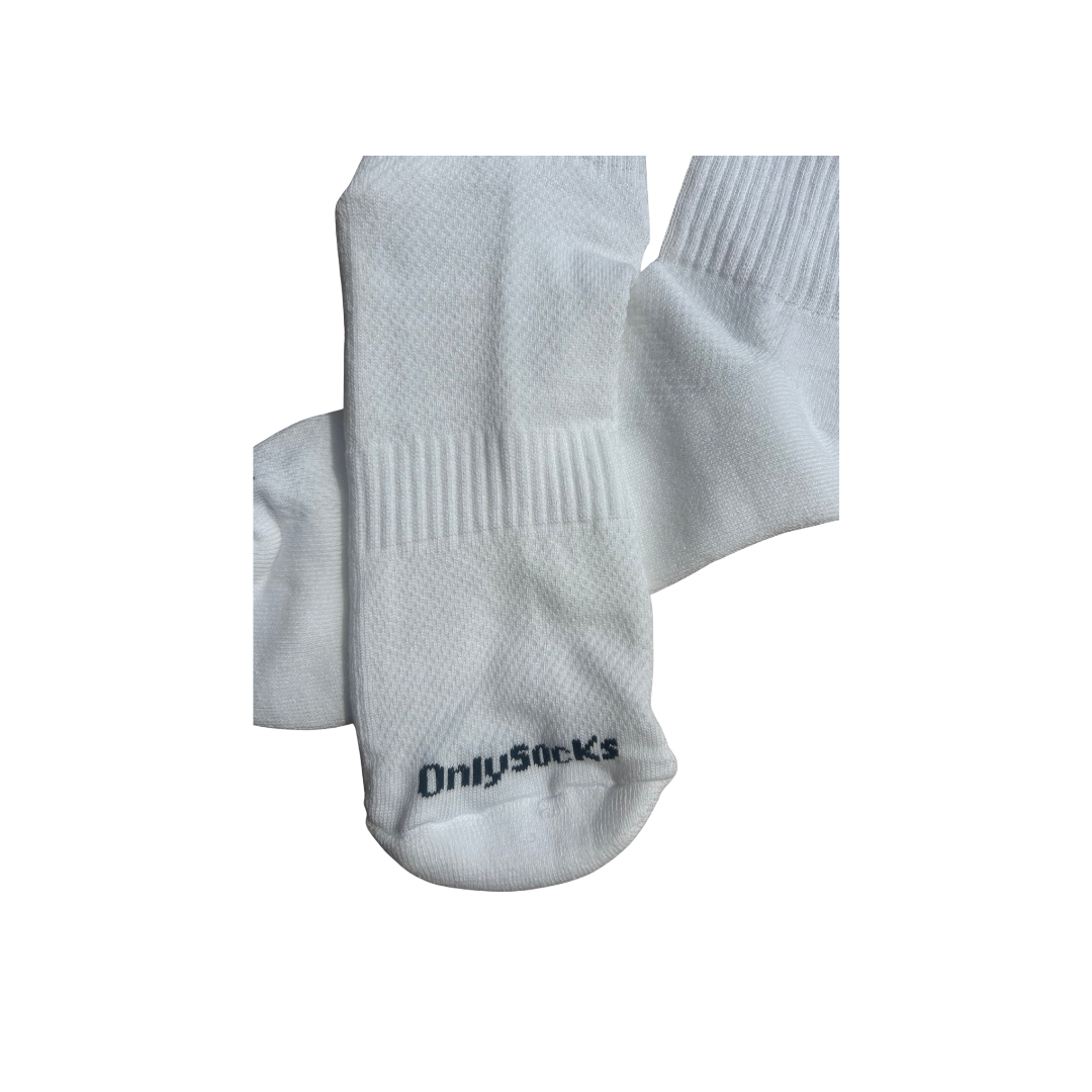 A pair of white crew socks with ribbed cuffs and the brand name 'OnlySocks' printed in black near the toe.