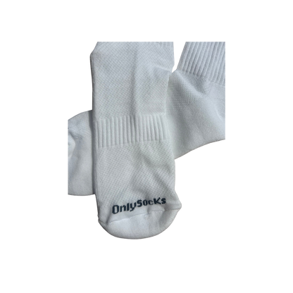 A pair of white crew socks with ribbed cuffs and the brand name 'OnlySocks' printed in black near the toe.