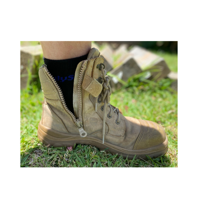 photo of Only socks No show socks in a boot... picture shows that the sock ends at the same height as the tongue of a work boot, eliminating excessive sock tans. 