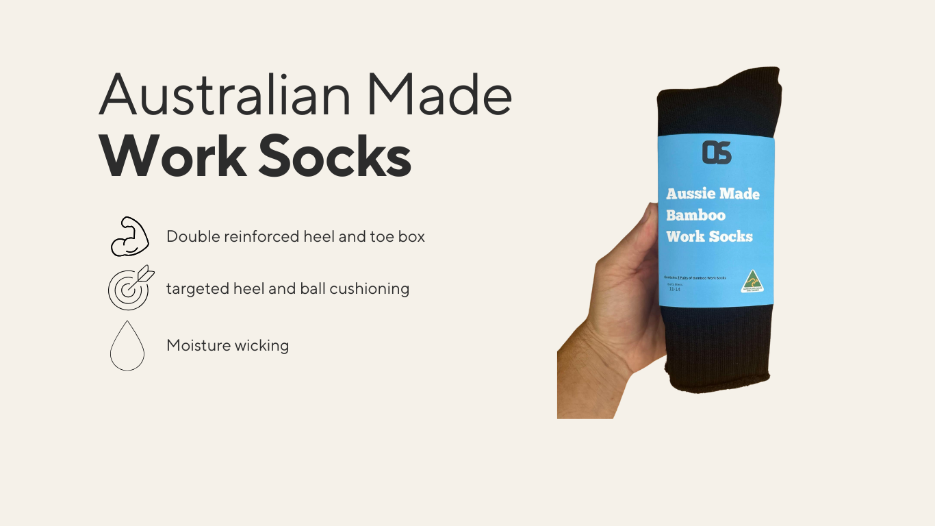 Australian Made Bamboo Work Socks – moisture-wicking, double reinforced heel and toe, with targeted cushioning – shown in retail packaging held by hand