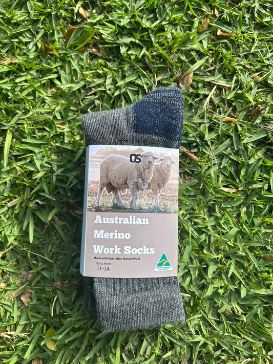Grey merino work socks with packaging featuring the australian made logo and image of australian merino sheep